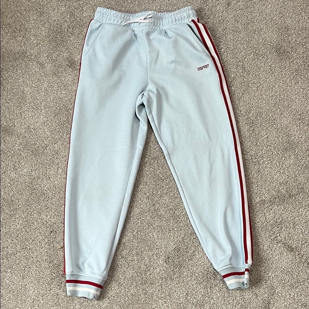 Esprit size 10 girls Kids Light Blue Track Pants with Red Stripes